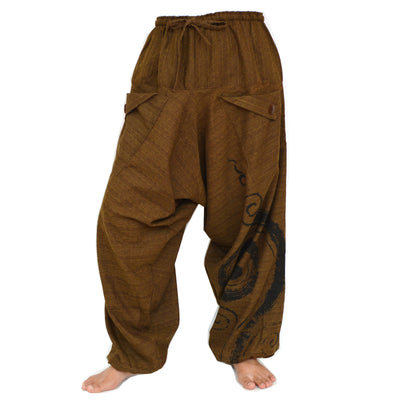 Harem Pants Drop Crotch Pants Baggy Pants Men Women Spiral Print Brown