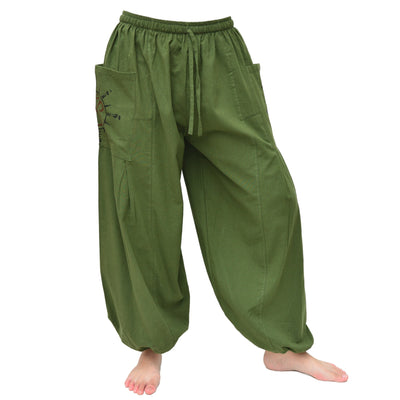Baggy Harem Genie Pants Men Women 2 Big Pockets printed Green
