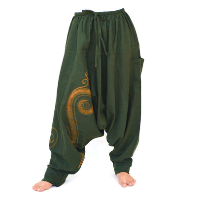 Harem Pants Lounge Pants Baggy Pants Men Women Spiral Print Green