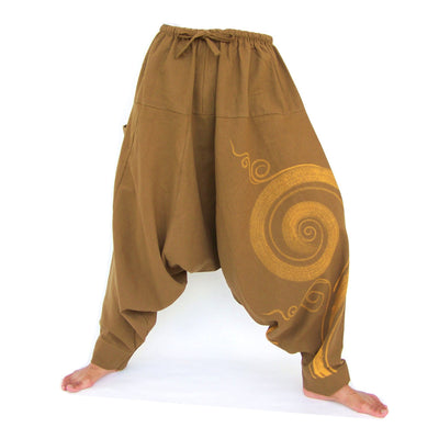 Harem Pants Lounge Pants Baggy Pants Men Women Spiral Print Brown