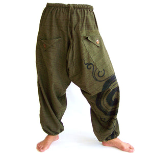 Harem Pants Drop Crotch Pants Baggy Pants Men Women Spiral Print Green