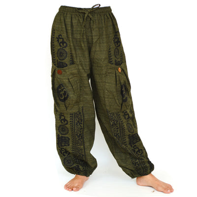 Harem Pants Baggy Pants Men Women 2 Big Pockets printed Olive Green