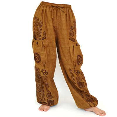 Harem Pants Baggy Pants Men Women 2 Big Pockets printed Brown
