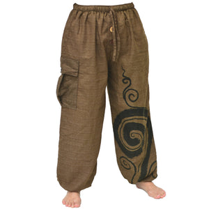 Harem Pants Baggy Pants Men Women Spiral Print 1 Pocket Brown