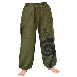 Harem Pants Baggy Pants Men Women Spiral Print 1 Pocket Green