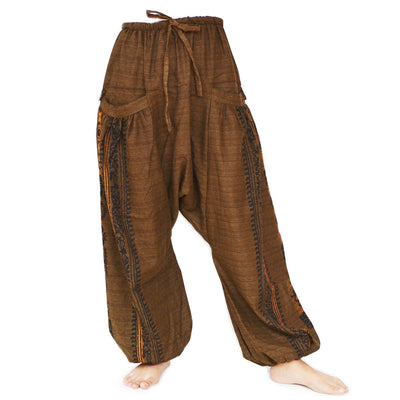 Wide Leg Harem Pants Baggy Pants Men Women 2 Big Pockets printed Brown