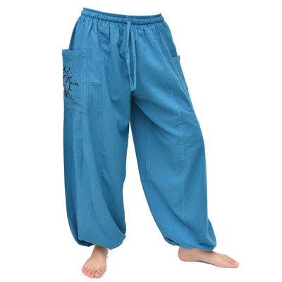 Baggy Harem Genie Pants Men Women 2 Big Pockets printed Blue