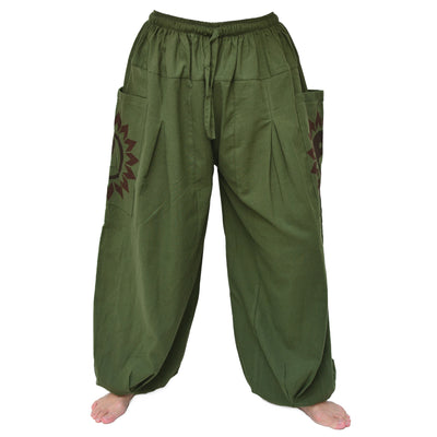 Aladdin Pants Harem Pants Men Women 2 Big Pockets printed Green