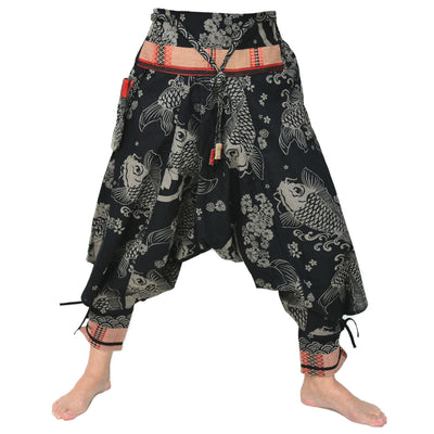 Samurai Style Harem Pants Ninja Pants Men Women Black Grey Fish Pattern