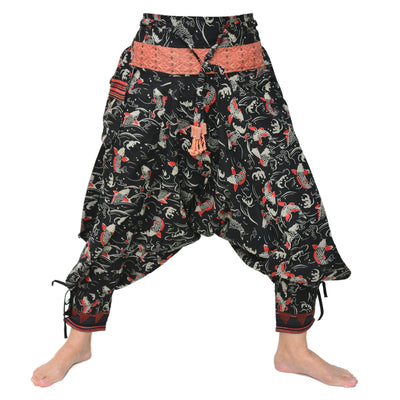 Samurai Style Harem Pants Ninja Pants Men Women Black Grey Fish Pattern
